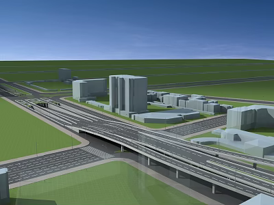 Urban Road Infrastructure Featuring Overpass Multiple Roads Green Spaces and Surrounding Buildings 3d model