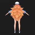 Woman with White Hat Orange Long Hair Blue White Top White Shorts Sandals Arms Outstretched