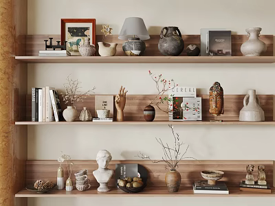 Stylish Decorative Ornament Combinations on Home Shelves with Vases Sculpture Books Lamp and Dried Branches 3d model