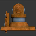 Mechanical Device With Orange Base Blue Upper Structure And Metallic Bolts On Reflective Surface