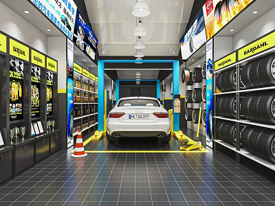 4S Shop Car Service Area with Tires Oil and Auto Supplies for Vehicle Maintenance 3d model