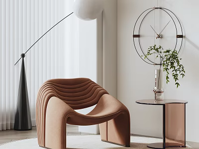 Brown Curved Accent Chair With Floor Lamp Round Clock Side Table And Green Plant In Modern Interior 3d model