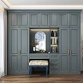 Dark Gray Wardrobe with Golden Handles Dressing Mirror Area Drawers and Stool with Patterned Cushion