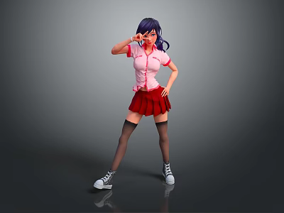 Stylish Female Character With Purple Hair Pink Shirt Red Pleated Skirt And Black Stockings Posing 3d model
