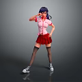 Stylish Female Character With Purple Hair Pink Shirt Red Pleated Skirt And Black Stockings Posing