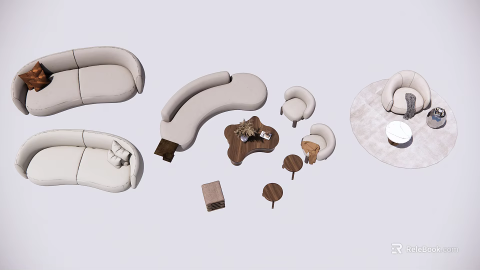 Modern Curved Sofa and Wooden Coffee Table Set with Accent Chairs and Round Ottoman 3d model 