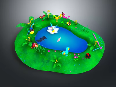 Water Fountain Pond with Swan Boat Colorful Animals Flowers and Green Grass 3d model
