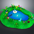 Water Fountain Pond with Swan Boat Colorful Animals Flowers and Green Grass
