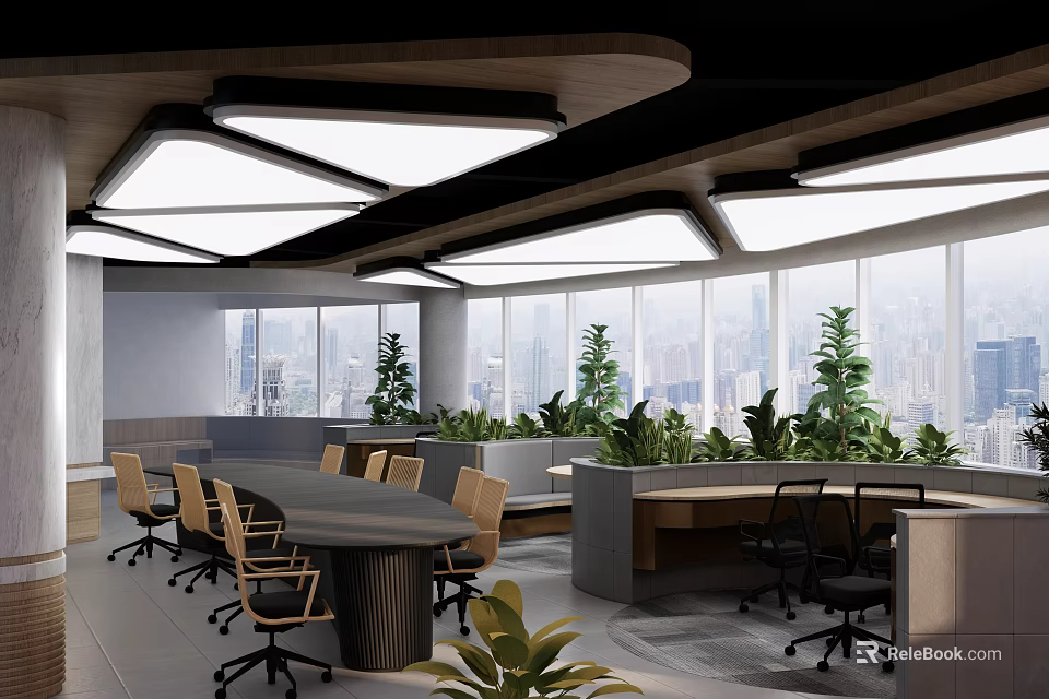 Modern Office Lounge Area With Large Windows Green Plants And Round Meeting Table 3d model 