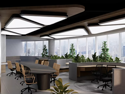 Modern Office Lounge Area With Large Windows Green Plants And Round Meeting Table 3d model