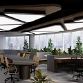 Modern Office Lounge Area With Large Windows Green Plants And Round Meeting Table