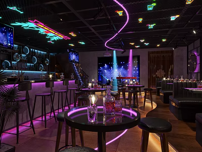 Stylish Modern Bar Interior Featuring Neon Lights Bar Counter Round Tables And Ambient Lighting 3d model