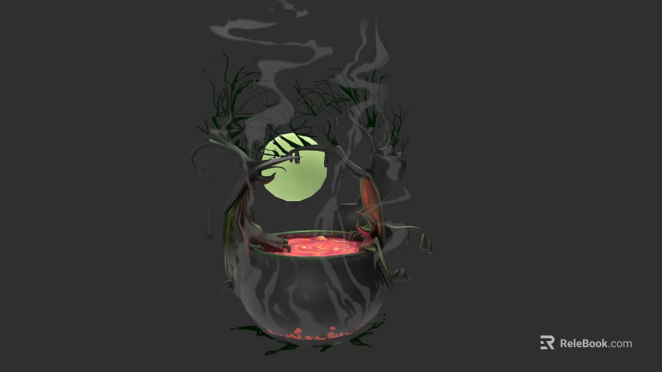 Mystical Witch And Twisted Vine Creature By Cauldron With Red Liquid Under Green Moon Eye 3d model 