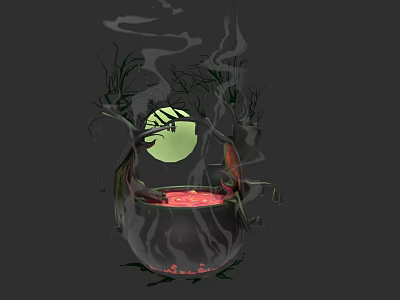 Mystical Witch And Twisted Vine Creature By Cauldron With Red Liquid Under Green Moon Eye 3d model