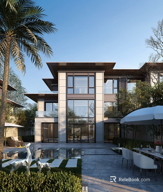 Modern Detached Villa Featuring Large Windows Swimming Pool Palm Trees And Greenery 3d model 