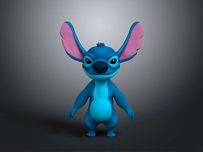 Cute Blue Stitch Cartoon Character with Large Pink Ears and Black Eyes Standing 3d model
