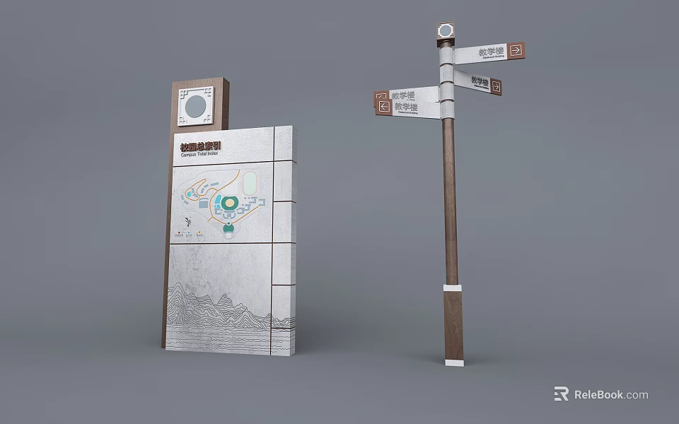 Public Area Traffic Signs Featuring Directional Arrows And Map Information Board 3d model