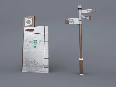 Public Area Traffic Signs Featuring Directional Arrows And Map Information Board 3d model