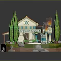 3D House Model With Red Roof White Walls Green Trees Garden Pool And Stones