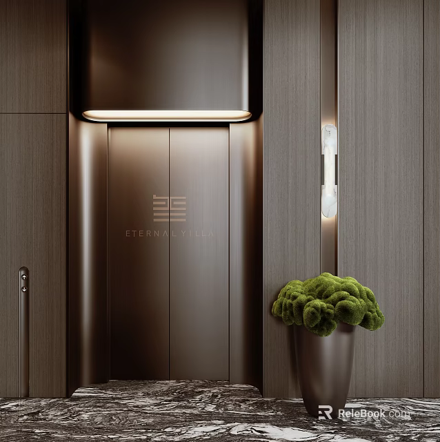 Elegant Elevator Hallway With Bernini Villa Door Wooden Walls And Green Moss Plant 3d model 