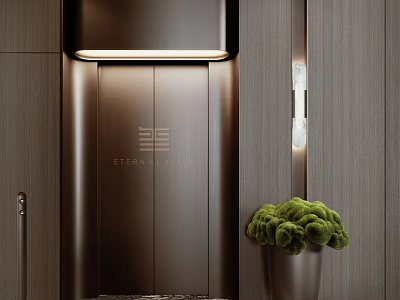 Elegant Elevator Hallway With Bernini Villa Door Wooden Walls And Green Moss Plant 3d model