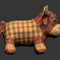 Soft Plush Toy Cow With Brown And Yellow Plaid Fabric And Fringed Legs