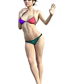 Woman in Bikini With Purple and Pink Top and Green Bottom on White Background