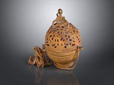 Antique Bronze Hollow Sphere With Intricate Carved Patterns And Decorative Statue Pendant 3d model