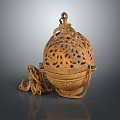 Antique Bronze Hollow Sphere With Intricate Carved Patterns And Decorative Statue Pendant