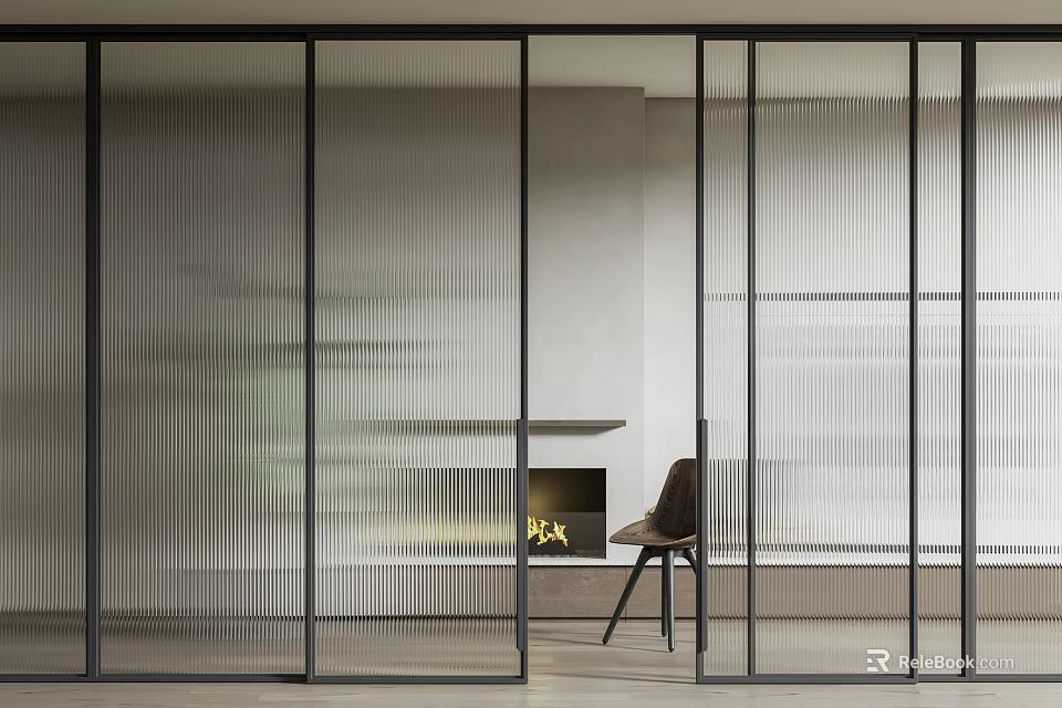 Modern Glass Partition Interior With Black Frame Wooden Chair And Table 3d model 