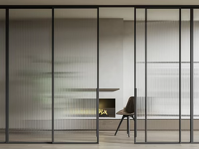Modern Glass Partition Interior With Black Frame Wooden Chair And Table 3d model