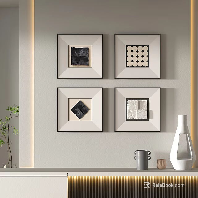 Four Abstract Paintings Framed on Wall in Minimalist Room with Vase and Plant 3d model 