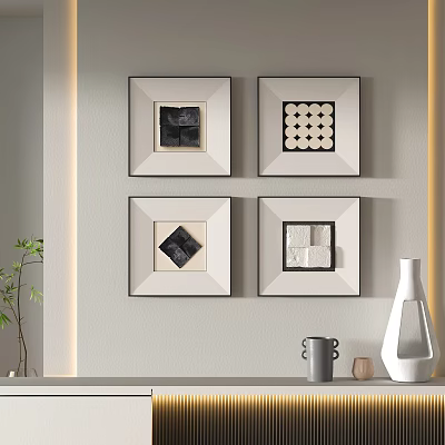 Four Abstract Paintings Framed on Wall in Minimalist Room with Vase and Plant 3d model