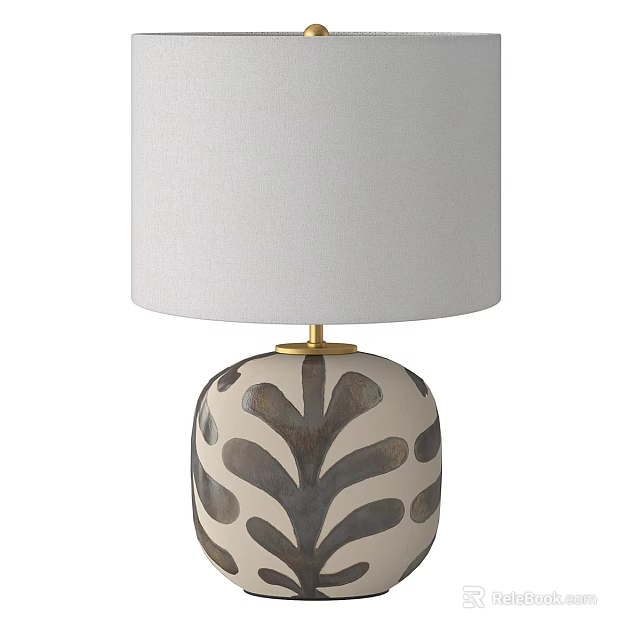 Ceramic Table Lamp With Gray Leaf Pattern Beige Lampshade And Golden Stem Design 3d model