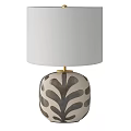 Ceramic Table Lamp With Gray Leaf Pattern Beige Lampshade And Golden Stem Design 3d model