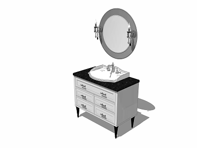 Classic Sink Vanity With Round Mirror Wall Sconces Dark Countertop and Drawers 3d model
