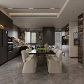 Modern Open Concept Dining Living Room Interior With Marble Table Chairs And Cabinets