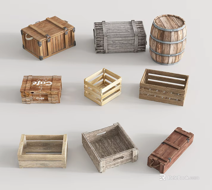 Wooden Storage Crates Various Styles Rustic Design For Home Organization With Different Shapes 3d model 