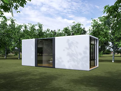 Modern White Container Style Guesthouse Building With Glass Windows And Green Trees 3d model