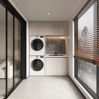Home Balcony Laundry Design With Stacked Washing Machines White Cabinets Marble Backsplash And Wooden Blinds 3d model
