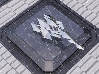 Abstract Silver Metal Sculpture With Geometric Shapes On Black Marble Base And Gray Striped Ground 3d model