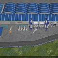 Industrial Factory Building with Blue Roof Cement Silos Mixing Equipment and Yellow Trucks