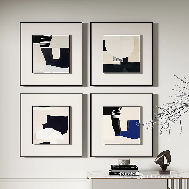 Abstract Artwork In White Frames As Modern Wall Decor With Decorative Branches 3d model