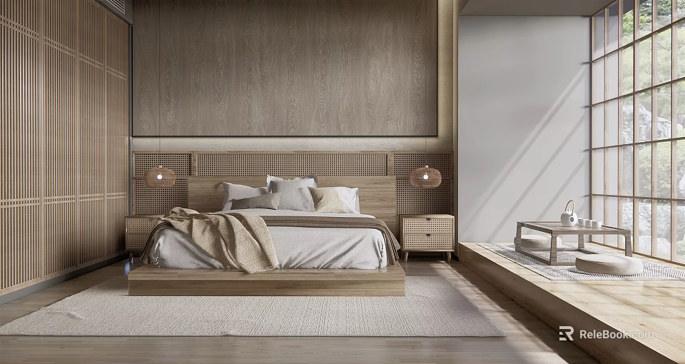 Minimalist Wooden Bedroom Interior With Woven Headboard Nightstands And Pendant Lights 3d model 