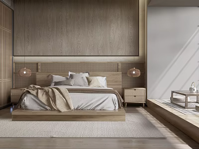 Minimalist Wooden Bedroom Interior With Woven Headboard Nightstands And Pendant Lights 3d model