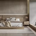 Minimalist Wooden Bedroom Interior With Woven Headboard Nightstands And Pendant Lights
