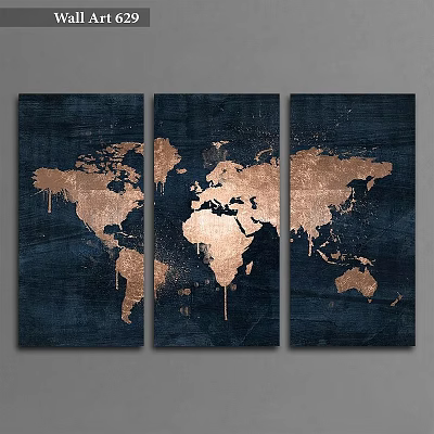 Framed World Map Canvas Wall Art Triple Panel Gold Dark Blue Background Modern Home Decor 3d model
