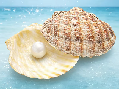 Decorative Ornament Set With Open Shell And Pearl On Blue Sea Background 3d model