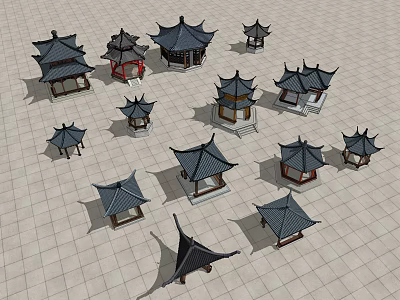 Chinese Style Pavilions with Traditional Roofs and Various Designs Arranged on Tiled Ground 3d model