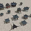 Chinese Style Pavilions with Traditional Roofs and Various Designs Arranged on Tiled Ground